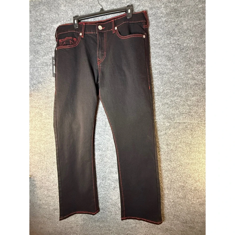 True Religion Ricky Big T Relaxed Straight Jeans Rinse Black Red Stitch Mens 36